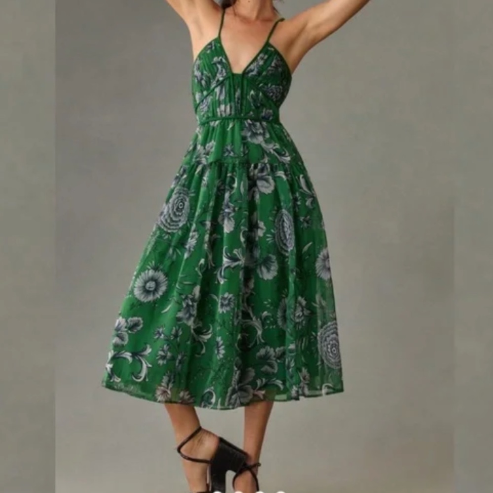 Anthropologie V-Neck Floral Halter Midi Dress M, NWT